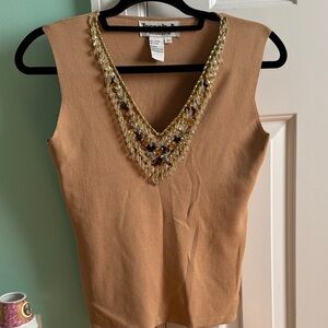 Joseph A. Embellished Tan Sleeveless Top with Beaded V-Neck Line